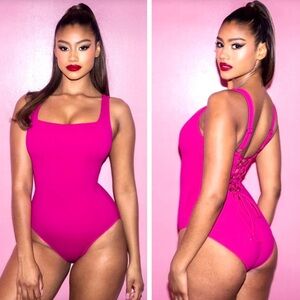 NWT Ta3 Squarey Pink Square Neck Sculpting Shapewear Swimsuit, Lace-Up, S X-Long